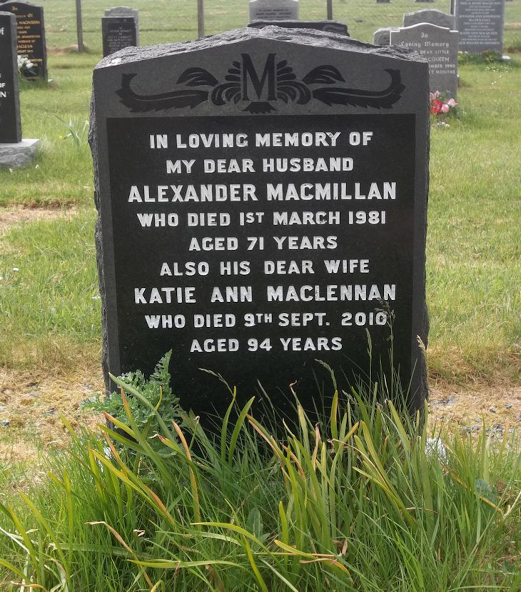 Photo of headstones/Katie Anne MacLennan died 2010 MI Kilmuir Extension